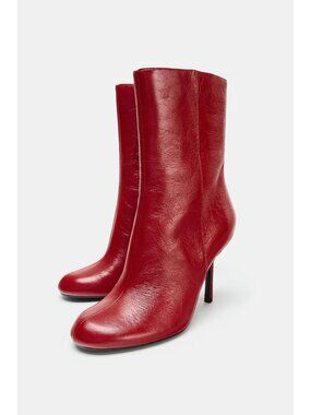 Zara Womens Leather Ankle Boots EU 40 US 9 Red Stiletto Round Toe 3138/610 NWOB